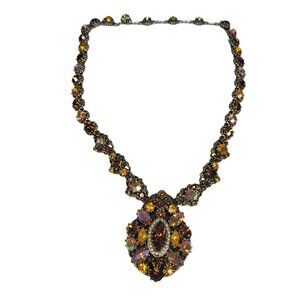 Vintage Weiss Aurora Borealis & Amber Rhinestone Necklace. Missing a few stones